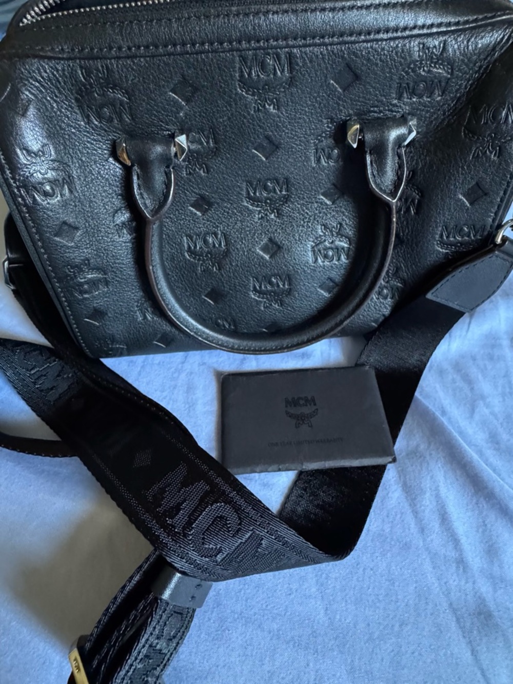 MCM Black Embossed Leather Satchel with Branded Strap